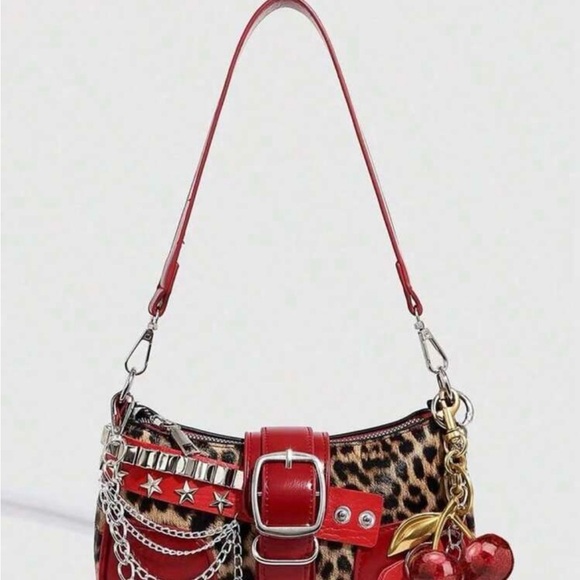 dedoo Handbags - Red Leopard-Accent Shoulder Bag with Buckle & Charm